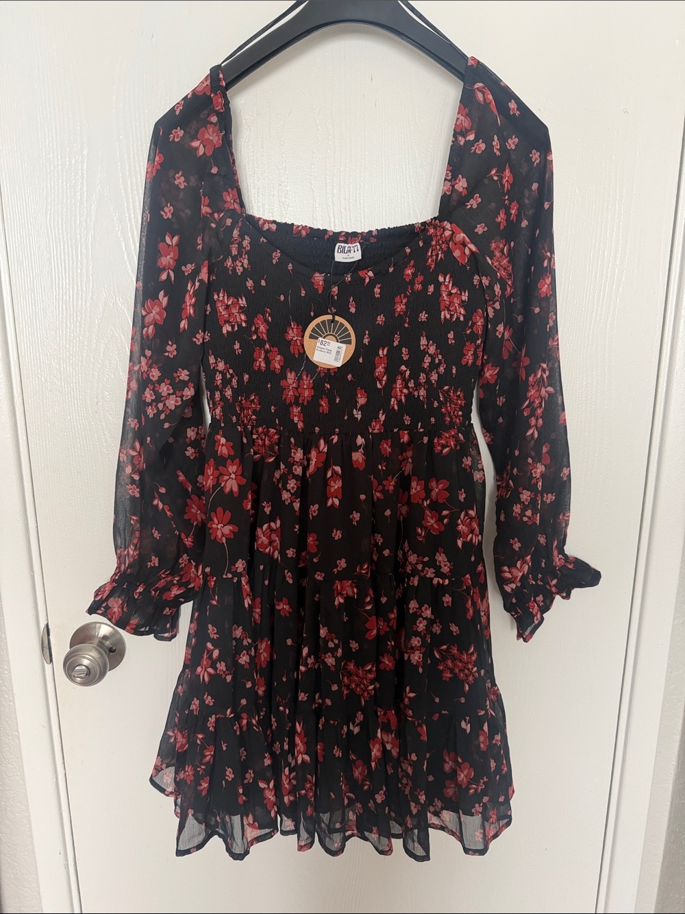 Smocked Square Neck Black Maxi Dress with Red Floral Print